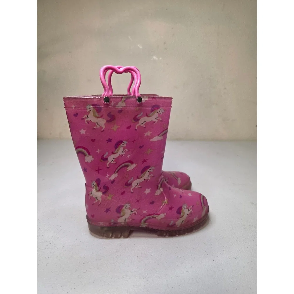 Kids Pink Unicorn Rainbow Light Up Rain Boots Heart Handles Size 13